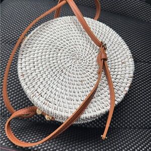 Stylish White and Tan Woven Round Bag